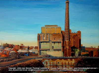 Plein air oil painting of the Carleton United Brewery site being demolished, painted by industrial heritage artist Jane Bennett Plein air oil painting of the Carleton United Brewery site being demolished, painted by industrial heritage artist Jane Bennett